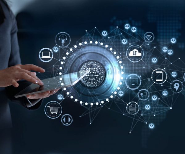Woman touching a global network connection, Omni Channel and communications concept